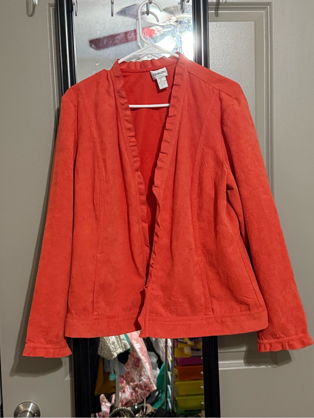 Chico's Coral Ruffle-Trim Open Jacket